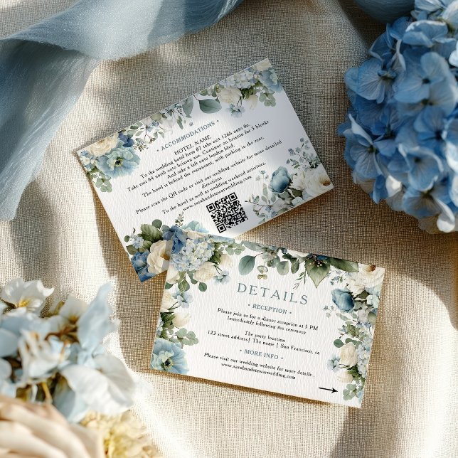 Elegantes Blue Hydrangea Elfenbeinküste Rose Hochz Begleitkarte (Elegant Blue Hydrangea Ivory Rose Wedding Details Enclosure Card)