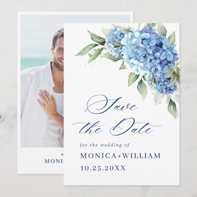 Elegantes Blue Hydrangea Floral Wedding Foto Save The Date (Vorne/Hinten)