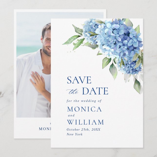 Elegantes Blue Hydrangea Floral Wedding Foto Save The Date (Vorne/Hinten)