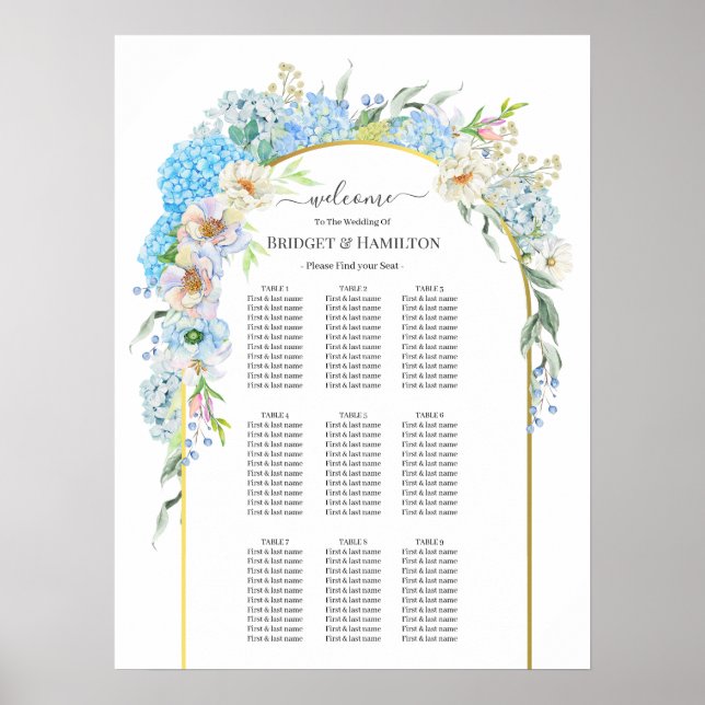 Elegantes Blue Hydrangea Hochzeitsdiagramm Poster (Vorne)