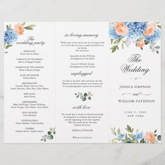 Elegantes Blue Hydrangea Hochzeitsprogramm (Vorderseite)