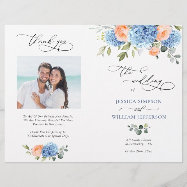Elegantes Blue Hydrangea Hochzeitsprogramm (Vorderseite)