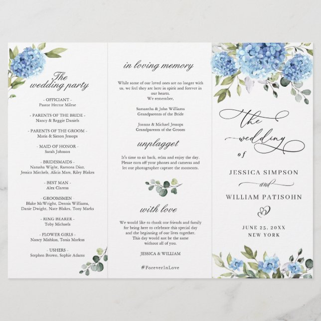 Elegantes Blue Hydrangea Hochzeitsprogramm (Vorderseite)