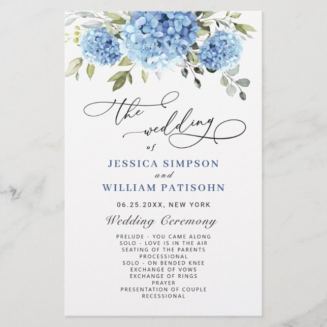 Elegantes Blue Hydrangea Hochzeitsprogramm (Vorderseite)