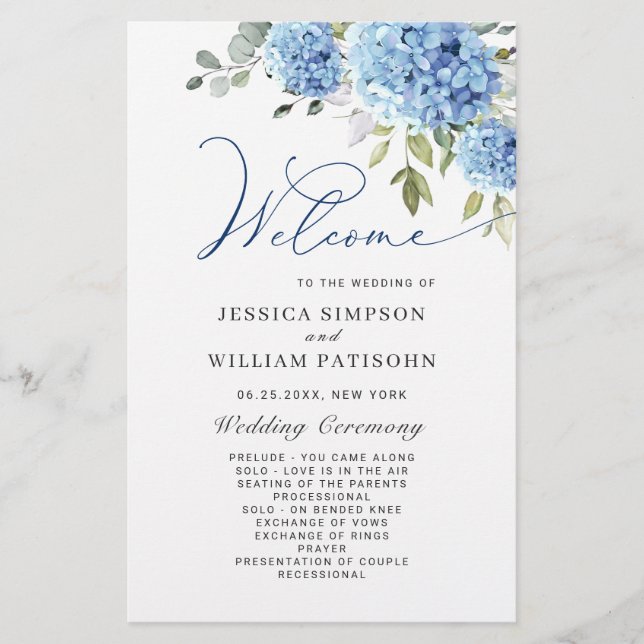 Elegantes Blue Hydrangea Hochzeitsprogramm (Vorderseite)