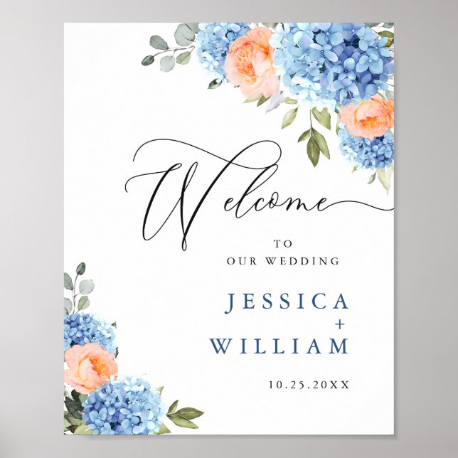 Elegantes Blue Hydrangea Rosa Blush Rose Hochzeit Poster (Vorne)