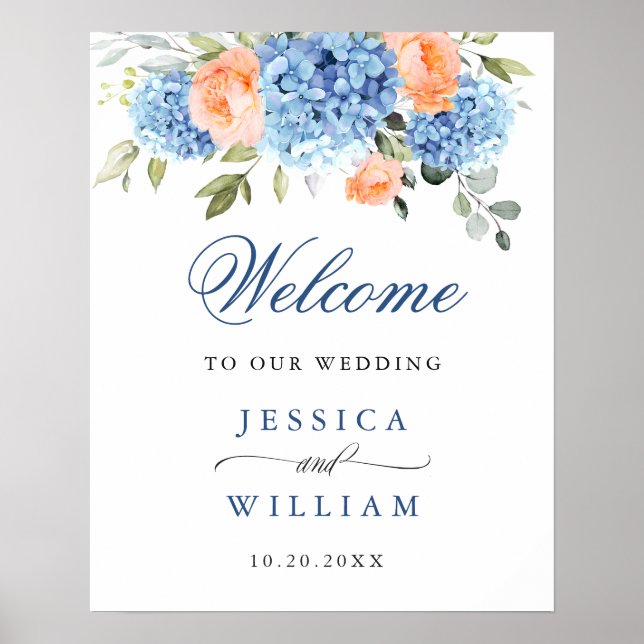 Elegantes Blue Hydrangea Rosa Blush Rose Hochzeit Poster (Vorne)