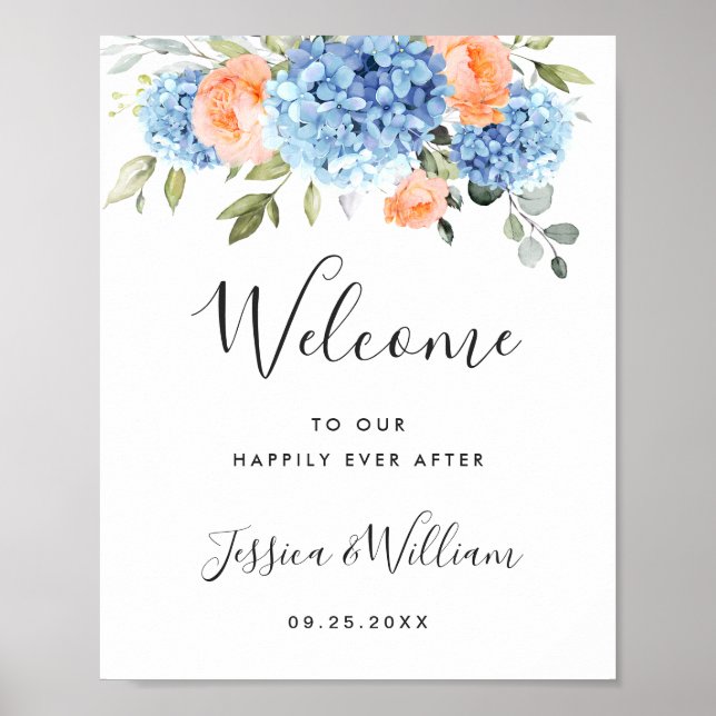 Elegantes Blue Hydrangea Rosa Blush Rose Hochzeit Poster (Vorne)