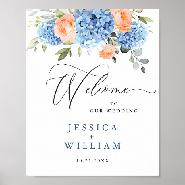 Elegantes Blue Hydrangea Rosa Blush Rose Hochzeit Poster (Vorne)