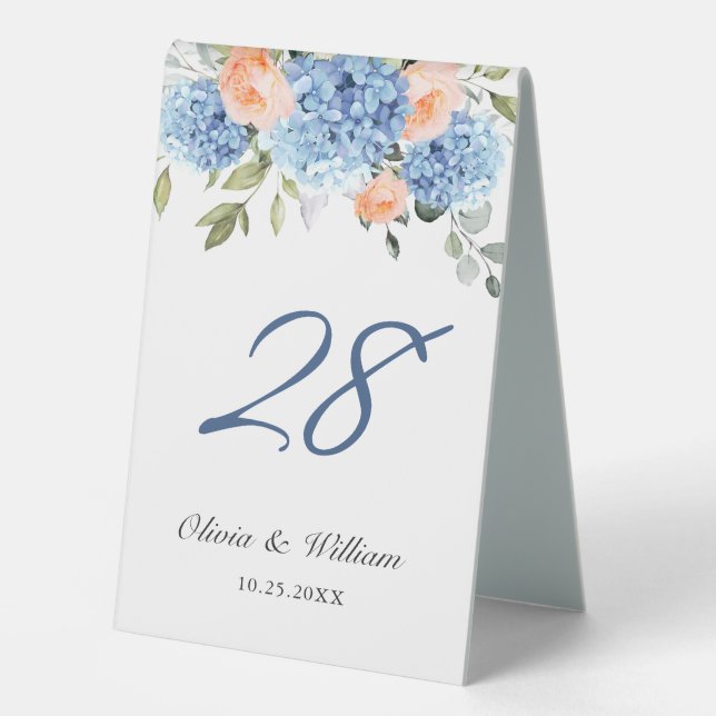 Elegantes Blue Hydrangea Rosa Blush Rose Hochzeit Tischaufsteller (Vorderseite)