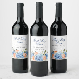 Elegantes Blue Hydrangea Rosa Blush Rose Hochzeit Weinetikett