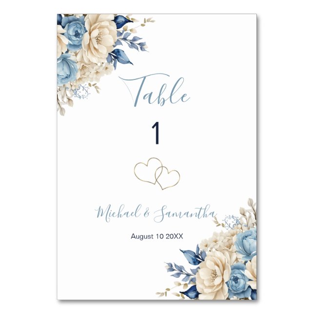 Elegantes Blue-Ivory-Rose-Hochzeitssymbol Tischnummer (Vorderseite)