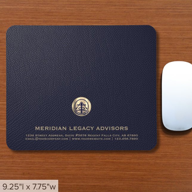 Elegantes Blue Leather Luxury Gold Logo Mousepad (Elegant Blue Leather Print Mousepad with Customizable Gold Logo Customizable for Any Profession)