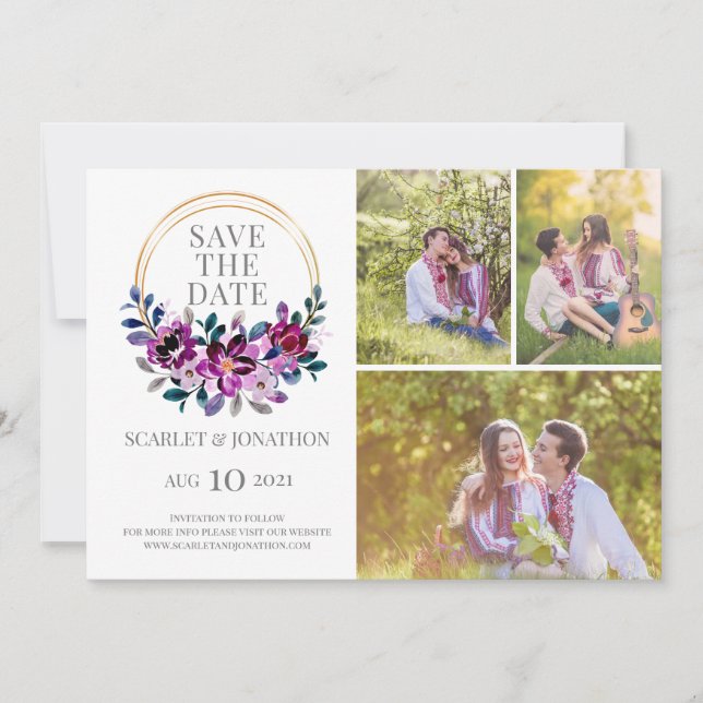 Elegantes Blue Lila Floral Save the Date Foto (Vorderseite)