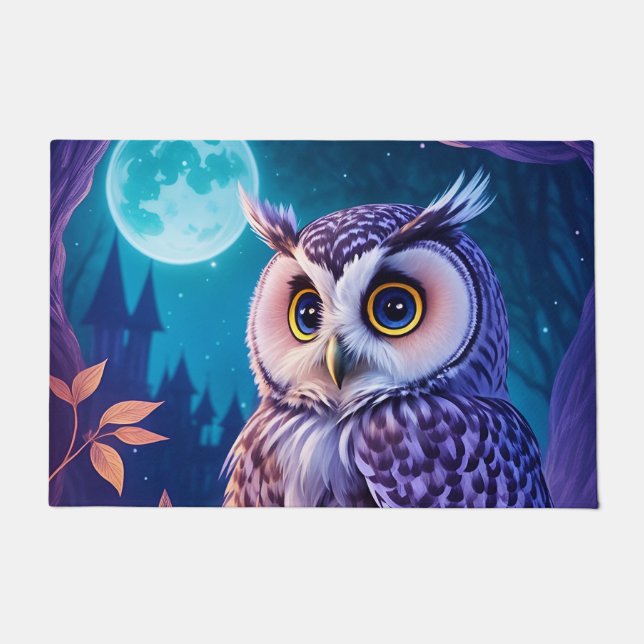 Elegantes Blue Lila Magical Owl Comic Kunst Fußmatte (Vorderseite)