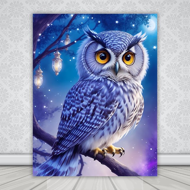 Elegantes Blue Lila Magical Owl Comic Kunst Poster (Von Creator hochgeladen)