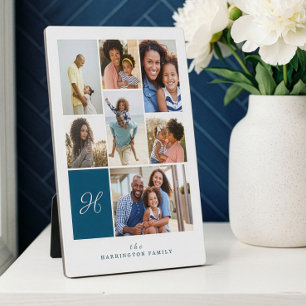 Elegantes Blue Monogram Family Foto Collage Grid Fotoplatte