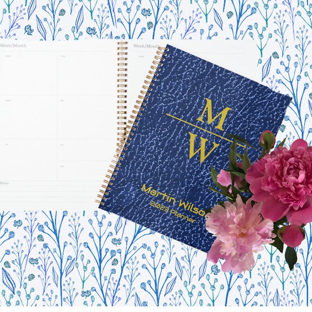 Elegantes Blue Monogram Luxe Texture Gold Lettern Planer (Von Creator hochgeladen)