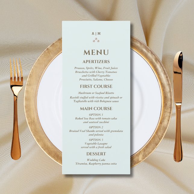 Elegantes Blue Monogram Pearl Wedding Menu Menükarte (Von Creator hochgeladen)
