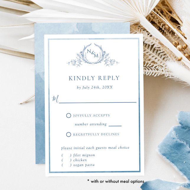 Elegantes Blue Monogram und Watercolor Wedding RSV RSVP Karte (Von Creator hochgeladen)