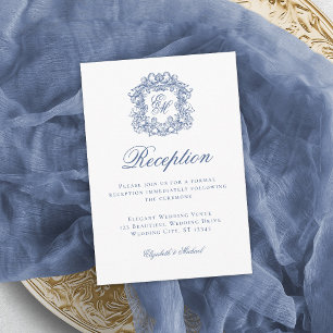 Elegantes Blue Monogram Wappen Hochzeitsempfang Begleitkarte