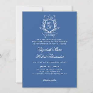 Elegantes Blue Monogram Wappen Traditionelle Hochz Einladung