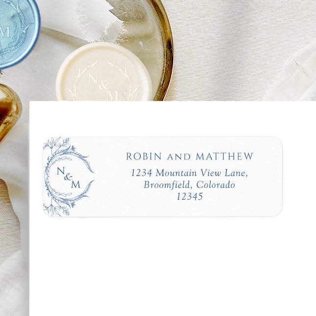 Elegantes Blue Monogram Wedding Label (Von Creator hochgeladen)