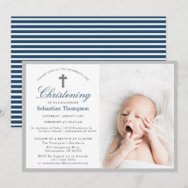 Elegantes Blue Navy Stripes Foto Christening Einladung