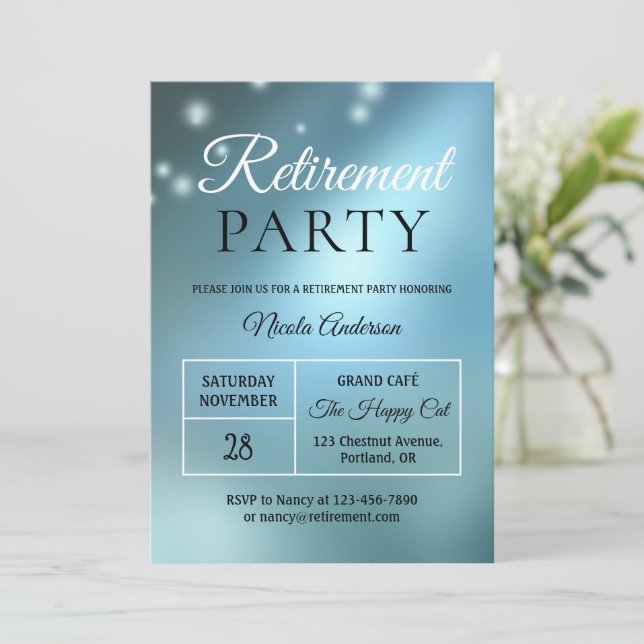 Elegantes Blue Party Lights Pension Einladung (Stehend Vorderseite)
