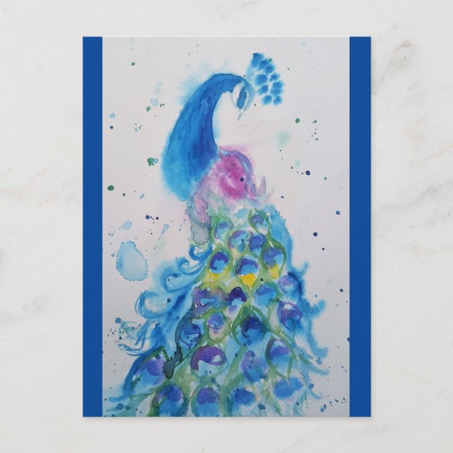 Elegantes Blue Peacock Aquarellbild Postkarte (Vorderseite)