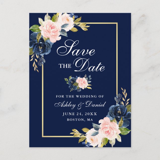 Elegantes Blue Pink Blush Floral Gold Save the Dat Ankündigungspostkarte (Vorderseite)