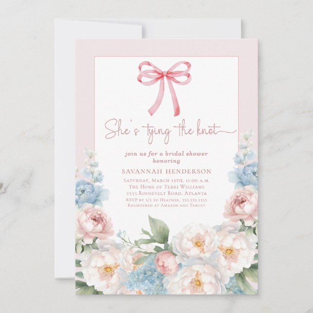 Elegantes Blue Pink Floral Bow Brautparty Brunch Einladung (Vorderseite)