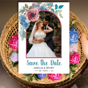 Elegantes Blue & Pink Floral QR Foto Hochzeit Save The Date