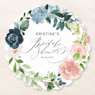 Elegantes Blue Pink Rose Blumenreath Brautparty Untersetzer