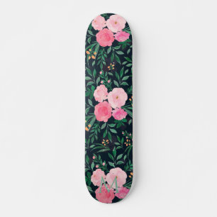 Elegantes Blue Pink Rose Floral Aquarellmalerei Skateboard