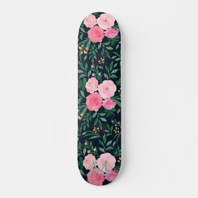 Elegantes Blue Pink Rose Floral Aquarellmalerei Skateboard (Vorne)