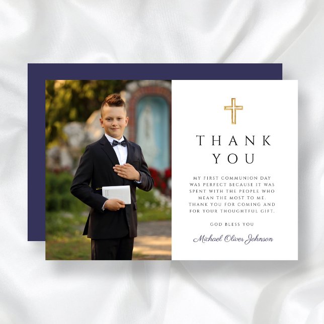 Elegantes Blue Religious Boy First Communion Foto Dankeskarte (Elegant Blue Religious Boy First Communion Photo Thank You Card)