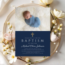 Elegantes Blue Religious Cross Boy Baptism Foto