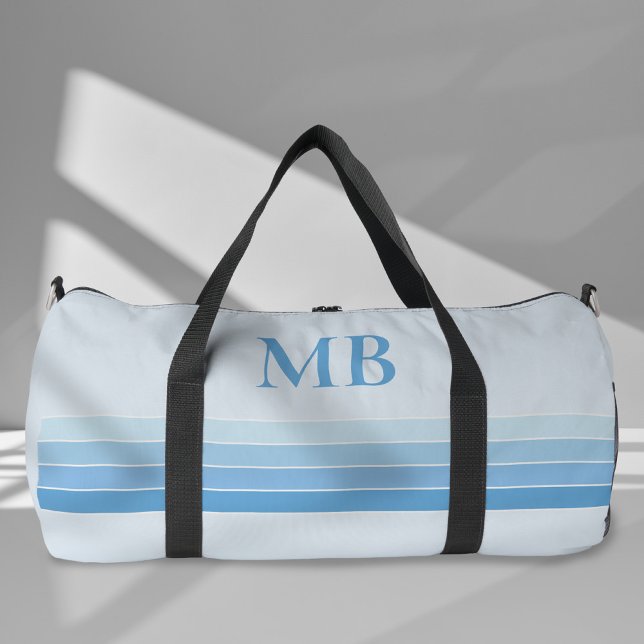 Elegantes Blue Retro Streifen Monogramm Duffle Bag (Von Creator hochgeladen)