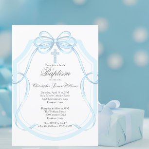 Elegantes Blue Ribbon Bow Taufe Party Cross Einladung
