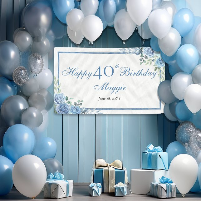 Elegantes Blue Rose Blumenrahmen 40. Geburtstag Pa Banner (Elegant Blue Rose Floral Frame 40th Birthday Party Horizontal Banner)