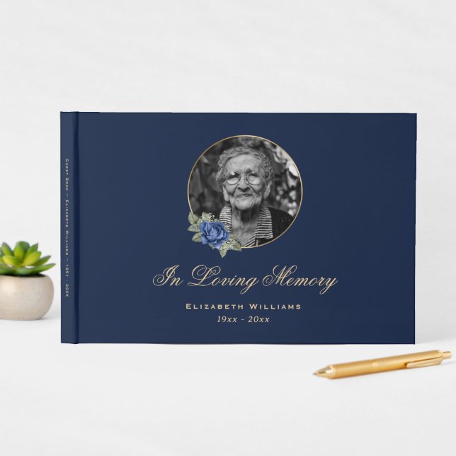 Elegantes Blue Rose Gold Blumenbeerdigung Foto Gästebuch (nSitu Display)