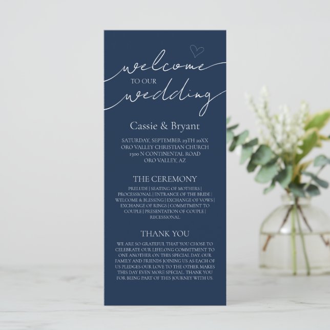 Elegantes Blue Script Modernes Hochzeitsprogramm (Stehend Vorderseite)