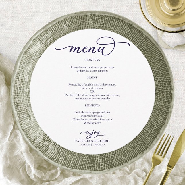 Elegantes Blue Script Round Wedding Menu Menükarte (Von Creator hochgeladen)