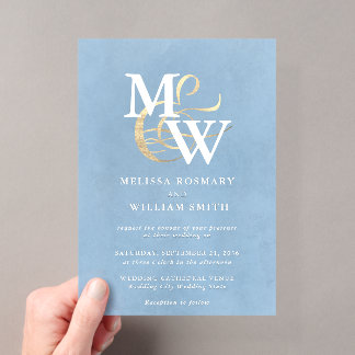 Elegantes Blue Sea Glass Monogram Gold Wedding Acryleinladungen