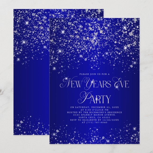 Elegantes Blue Silver Glitzer Silvester Party Einladung (Vorne/Hinten)