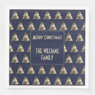 Elegantes Blue Silver Gold Weihnachtsbaum Muster Serviette