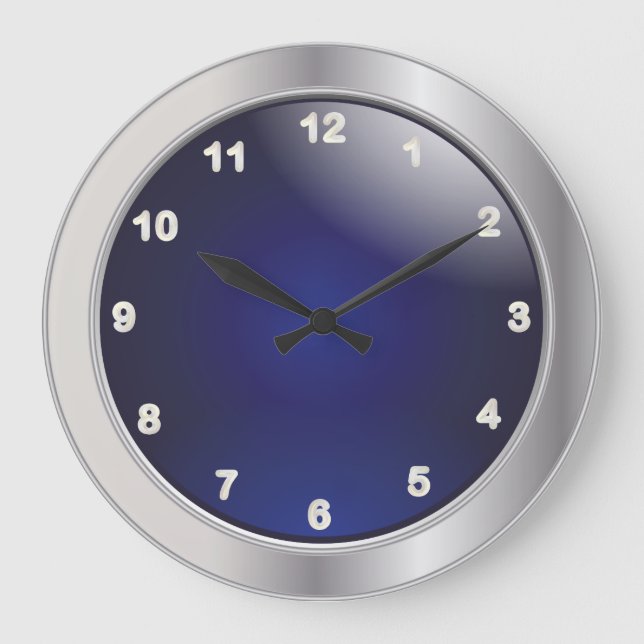Elegantes Blue & Silver Metal mit weißen Zahlen Große Wanduhr (Vorderseite)