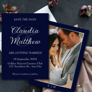 Elegantes Blue & Silver Script Foto Hochzeit Save The Date