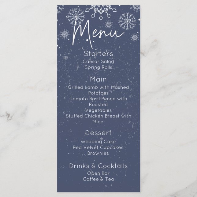 Elegantes Blue Snowflake Winter Themed Wedding Men Menükarte (Vorderseite)